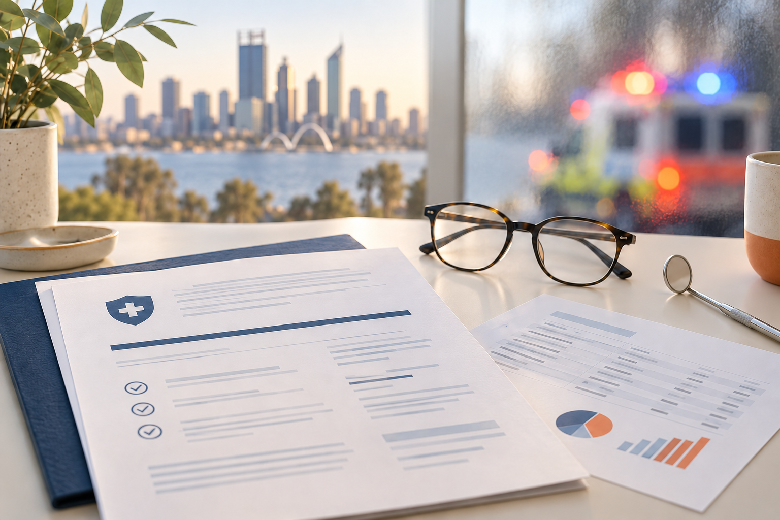 An insurance policy, glasses and dental mirror with the Perth skyline and ambulance lights beyond