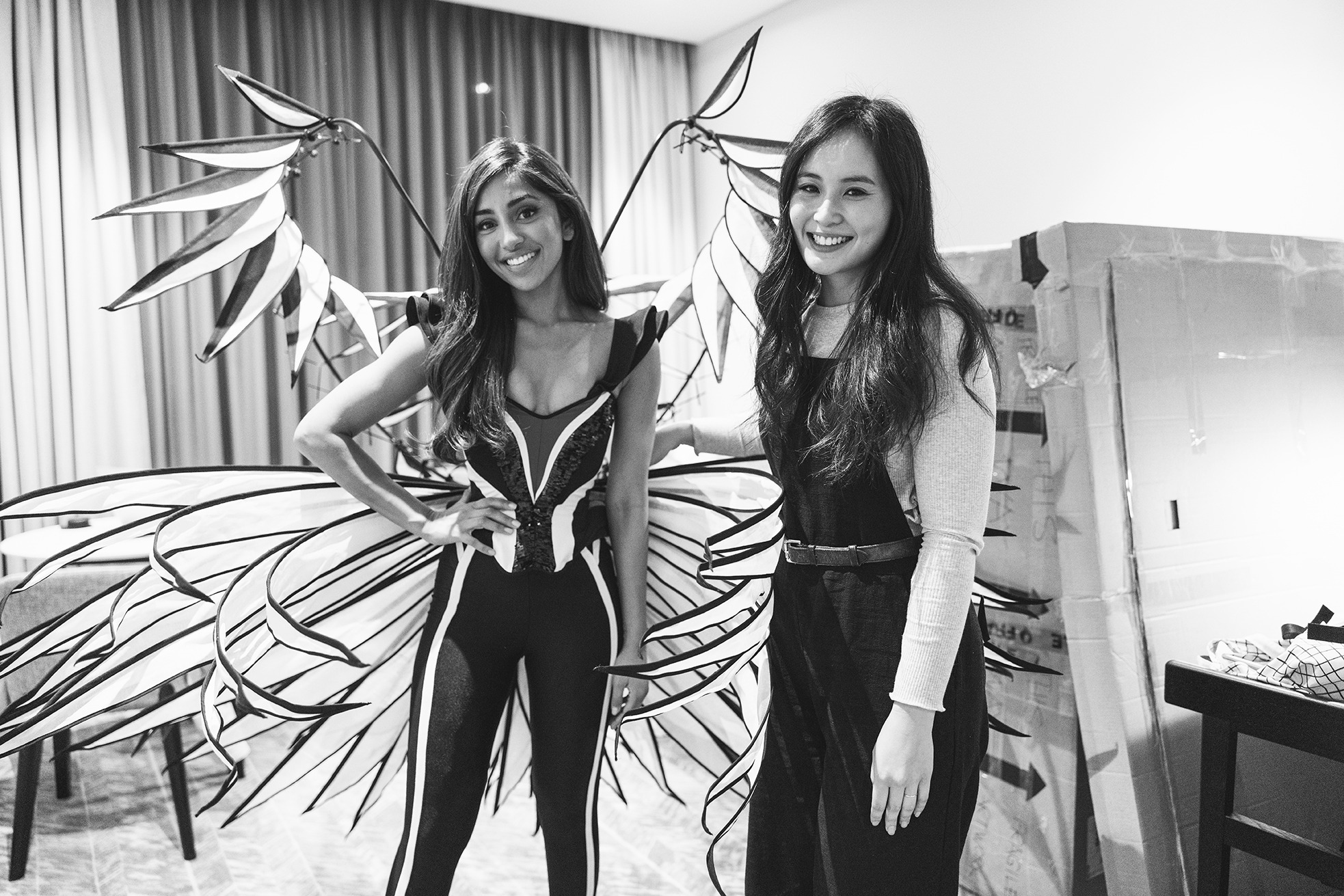 Designer Nicola Yeung with Maria Thattil and the Black Swan national costume