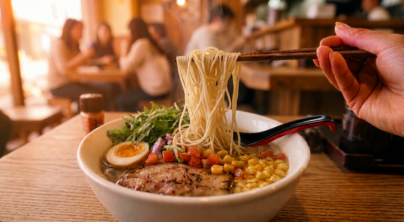 Noodles being lifted from a bowl of ramen with corn, rocket, tomato, egg and char siu